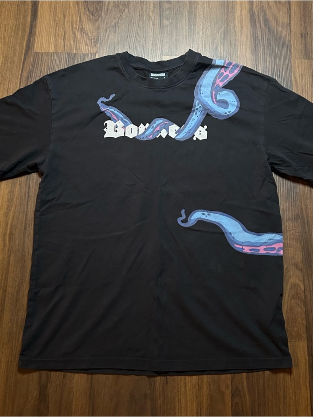 Black bonkers Graphic Tee with Blue & Pink kraken Design